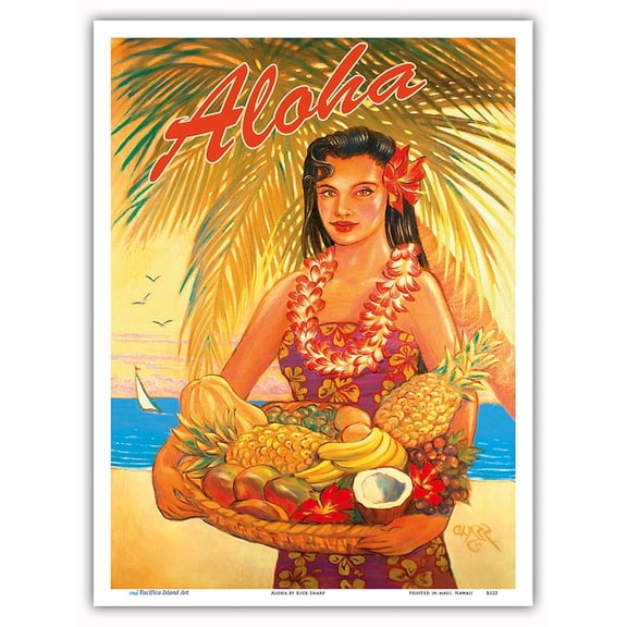 Aloha Fruit Basket - Hawaii Woman (Wahine) - Tropical Fruit Basket - Vintage Hawaiian Travel Poster by Rick Sharp - Master Art Print (Unframed) 9in x 12in