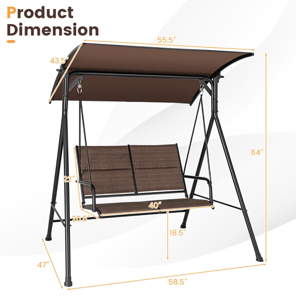 Aimee Lii 2 Person Porch Swing with Adjustable Canopy and Padded Seat, Outdoor Swing for Adults, Brown