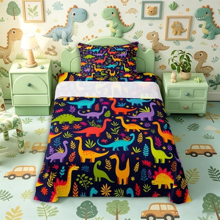 Metsweet Wildlife Dinosaur Twin Sheets 3pcs Jungle Dino Bedding Orange Purple Navy 1 Fitted Sheet 1 Flat Sheet and 1 Pillowcase