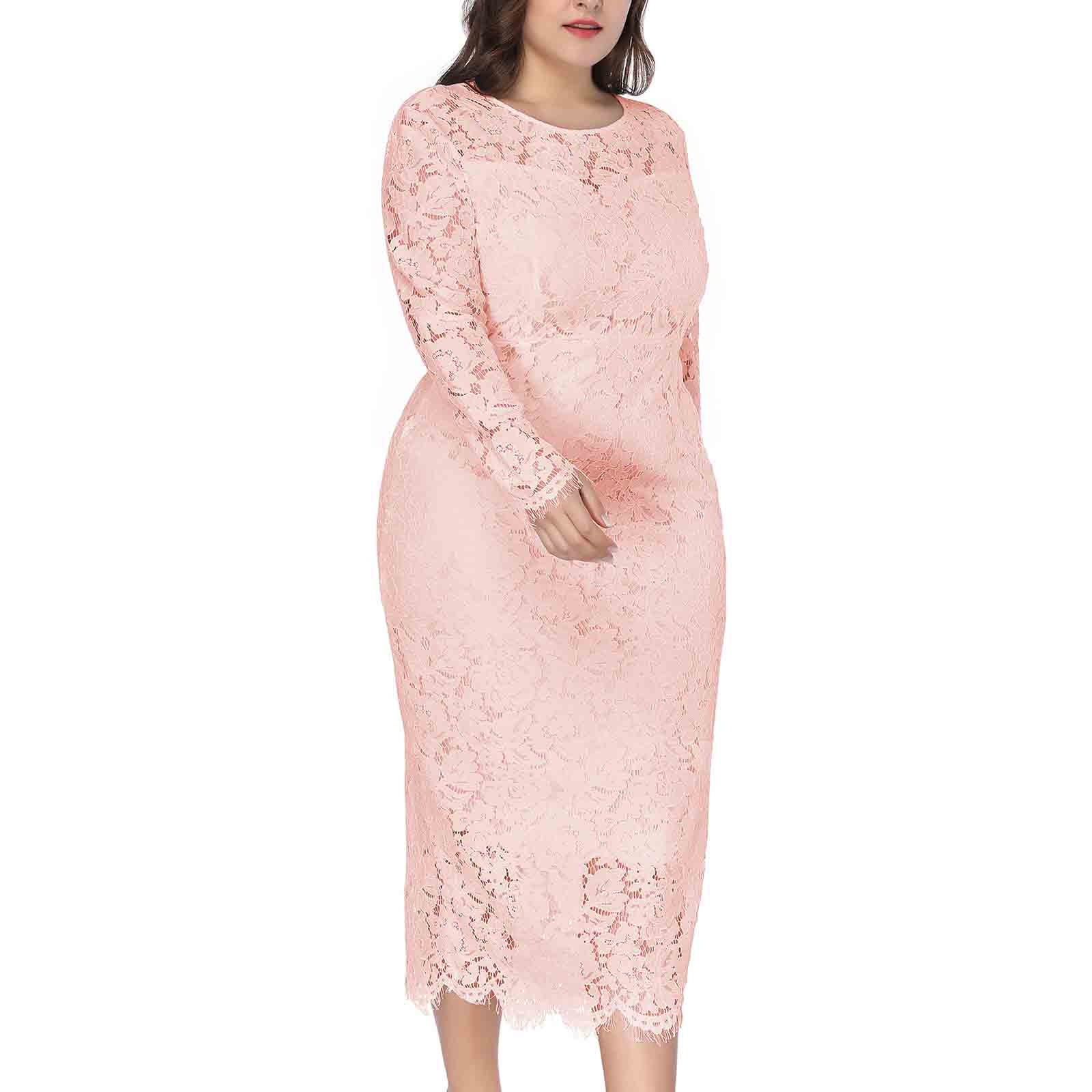SCSAlgin Evening Dress for Women Lace Long Sleeve Plus Size Dress Solid Color Slim Fit Hollow Out Midi Dresses