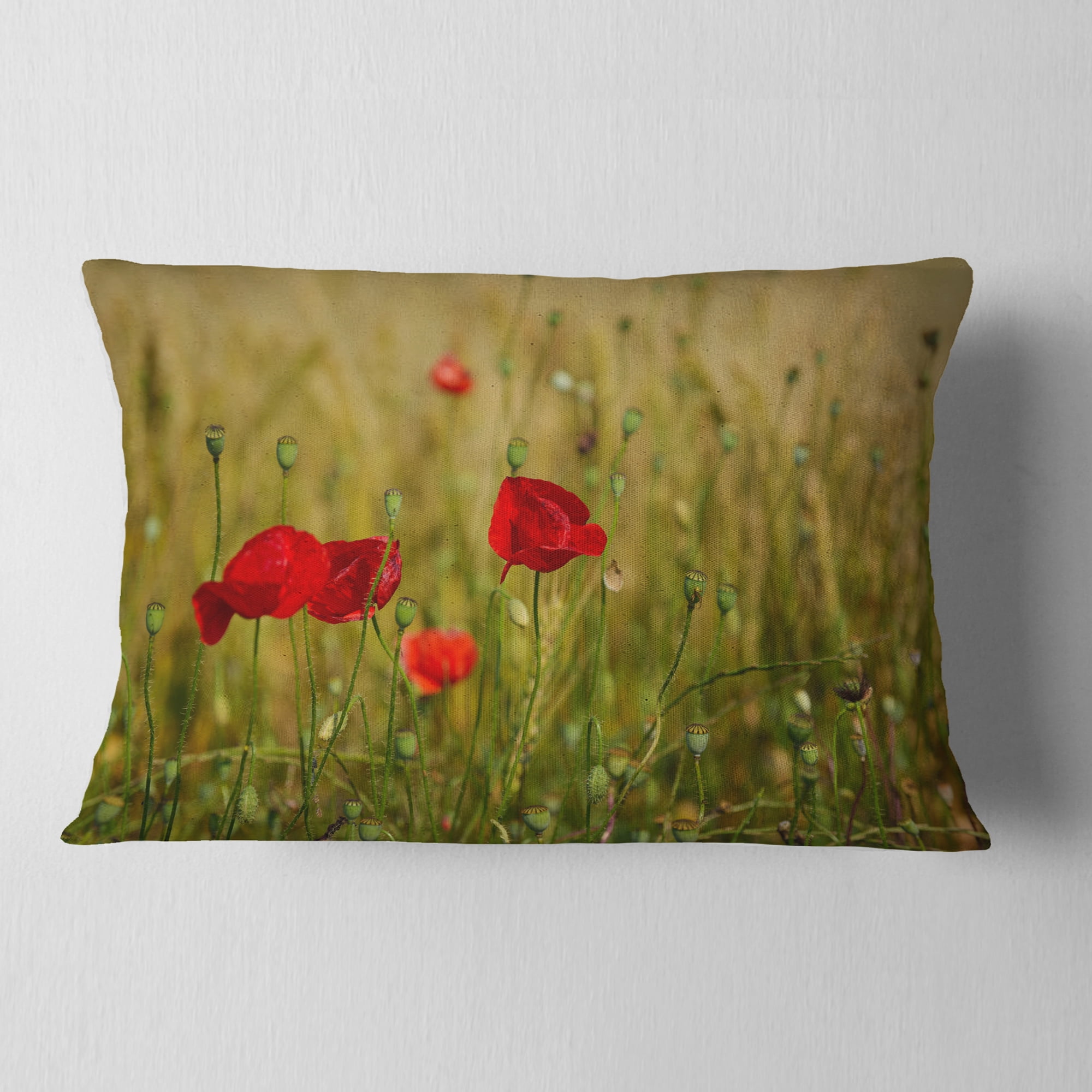Designart Red Poppy Flower Field Background - Flower Throw Pillow - 12x20