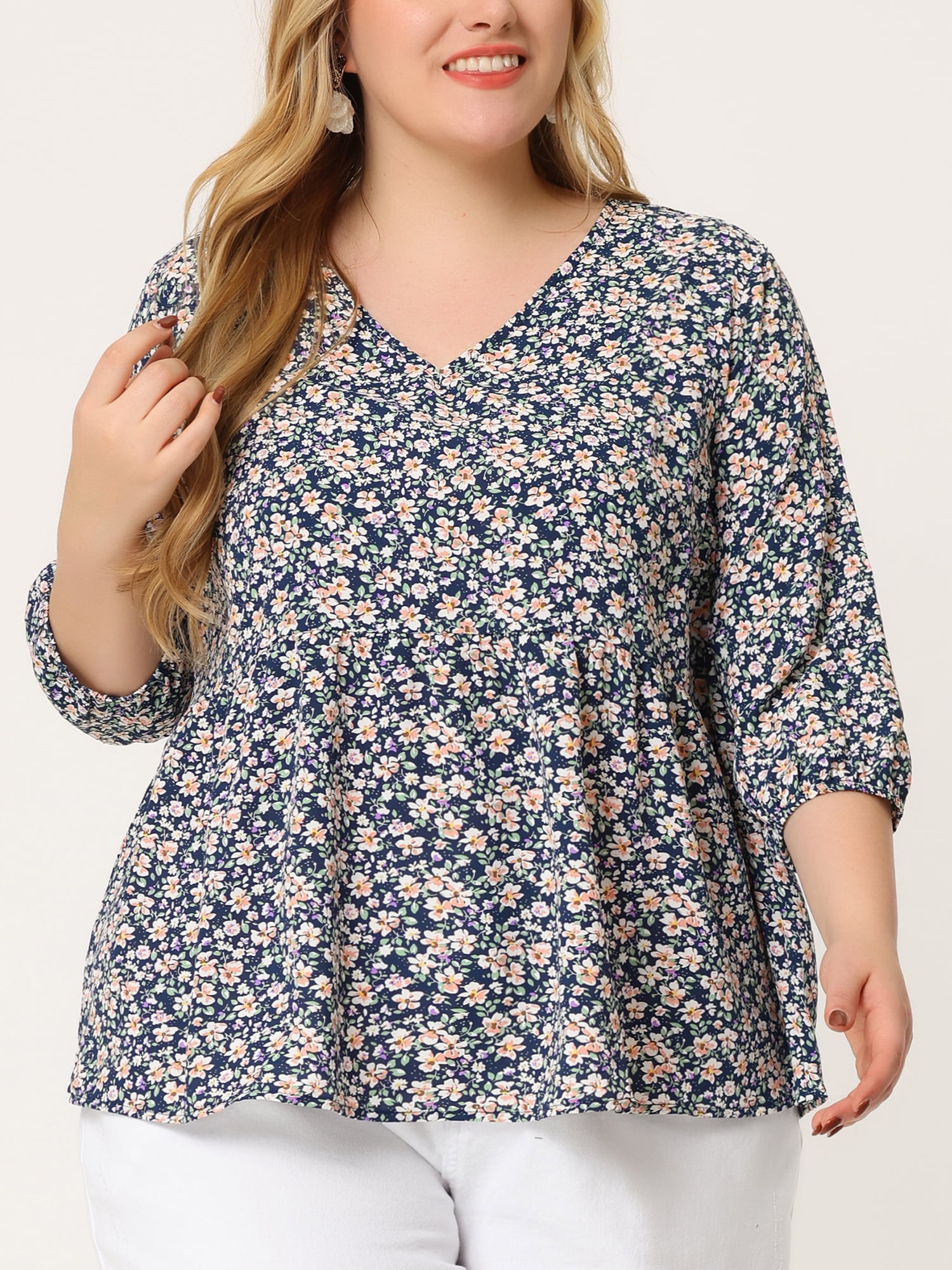 Unique Bargains Women's Plus Size V Neck Flowy 3/4 Sleeve Floral Blouse 3X Navy Blue