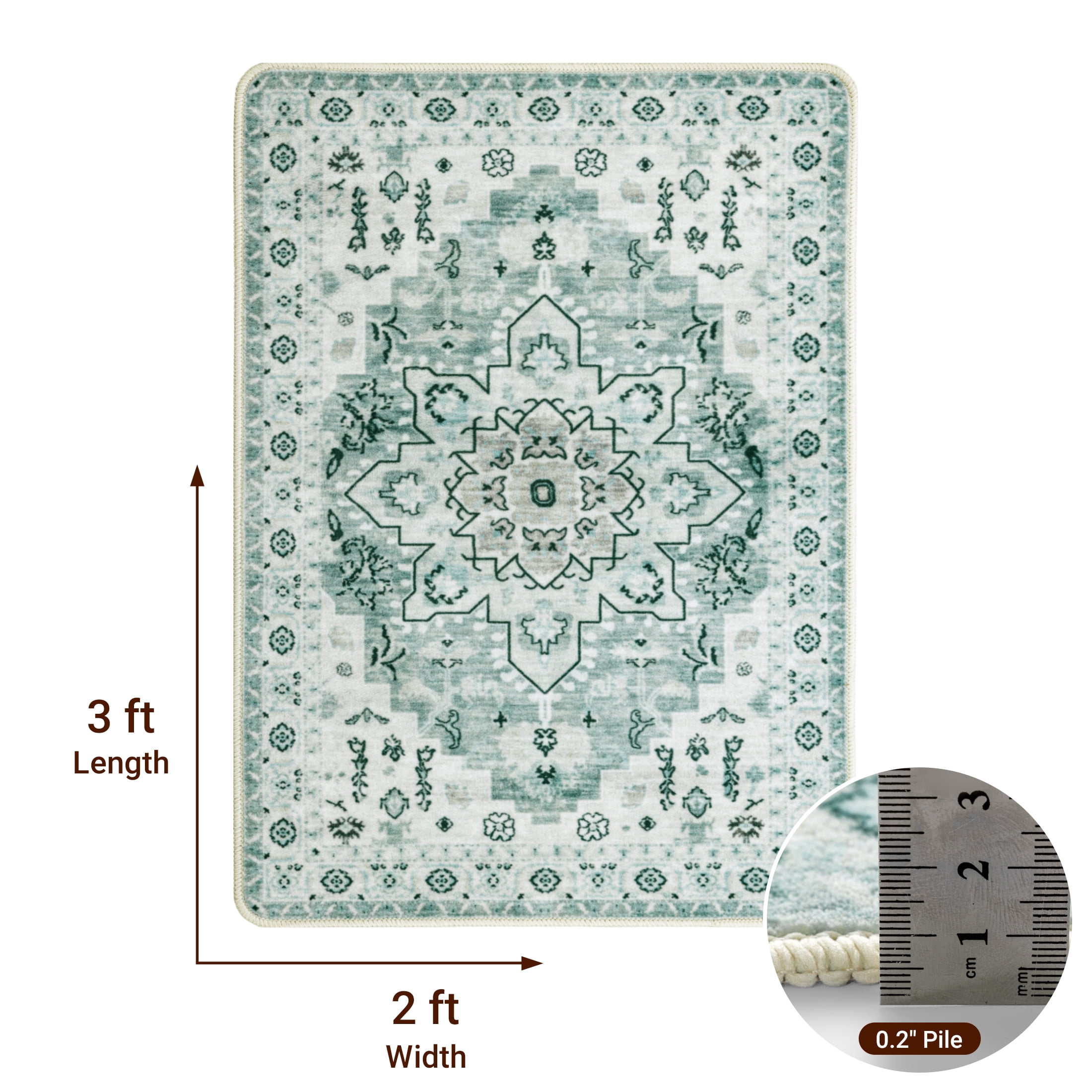Sonoro Kate 2x3 Area Rugs for Living Room Bedroom, Non Slip Boho Machine Washable Indoor Floor Carpet, Green