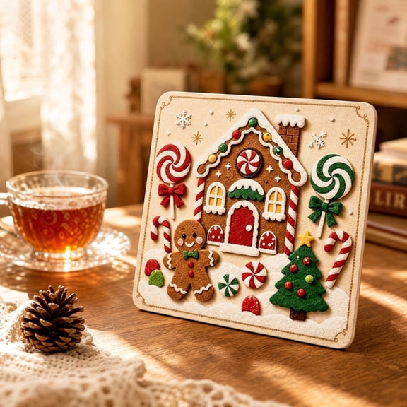 Lilixerw Christmas Gingerbread House Tabletop Decor, Standing Sign with Candy Cane, Felt Look, 5.9in, for Mantel Shelf Decoration
