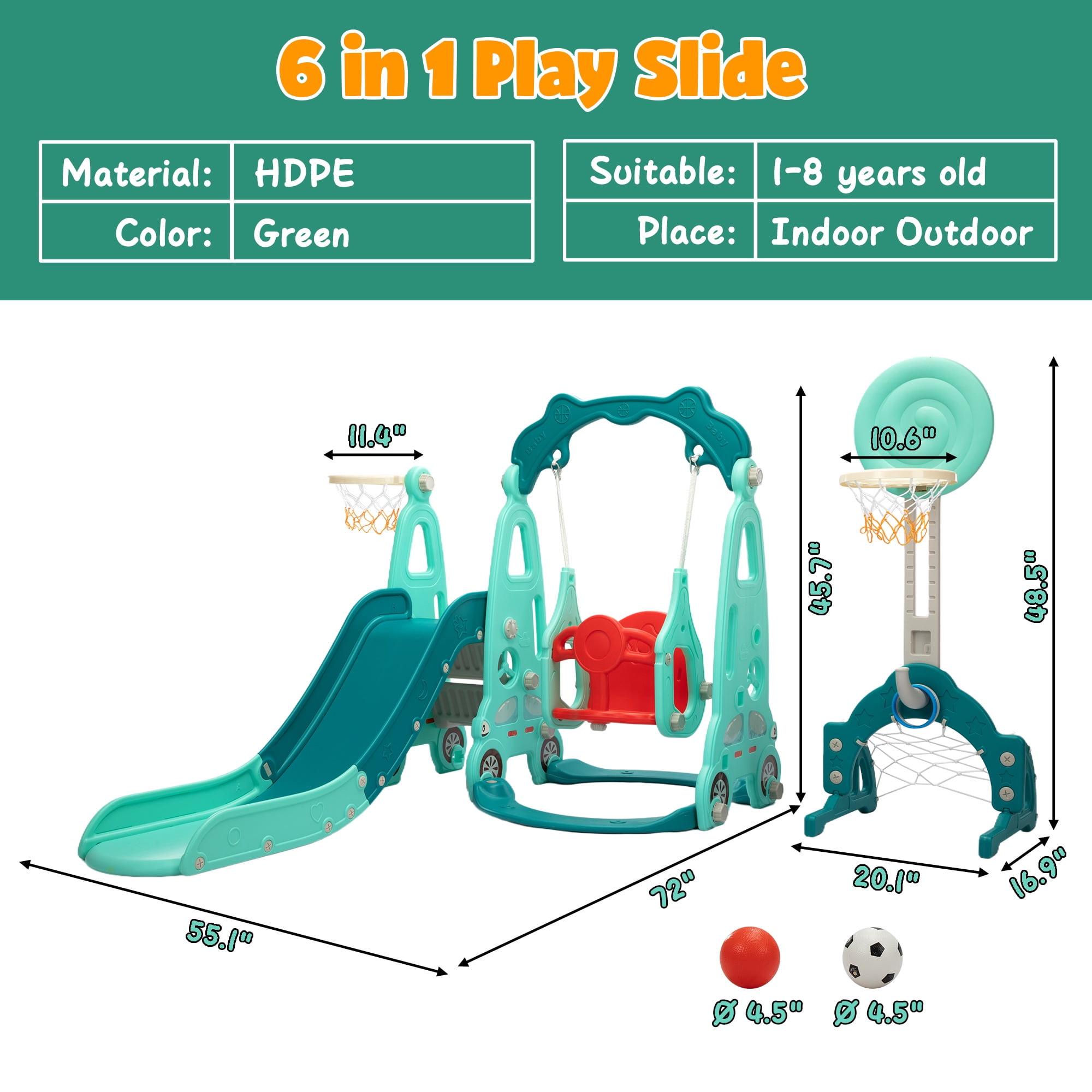 NYEEKOY 5 in 1 Toddler Slide and Swing Set, Indoor and Outdoor Kids Playset with Slide, Swing, Climber, Basketball Hoop and Ring Toss Game, Kids Slide and Swing Playground for Toddlers Age 1-8