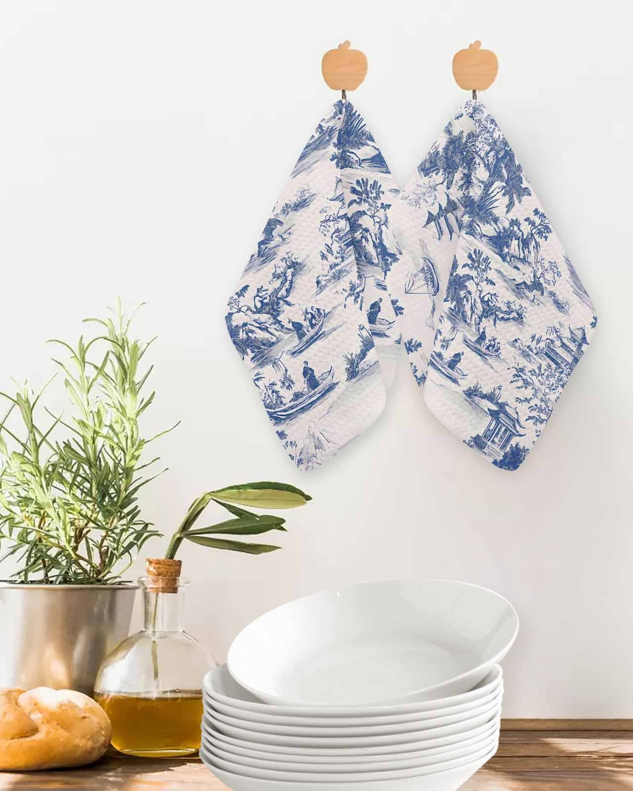 Blue Garden Retro Kitchen Dish Towels for Drying Dishes Set of 4, Modern Art Building Tree Boat Waffle Weave Microfiber Terry Hand Tea Bathroom Towels Quick Dry & Absorbent Towel 12x12