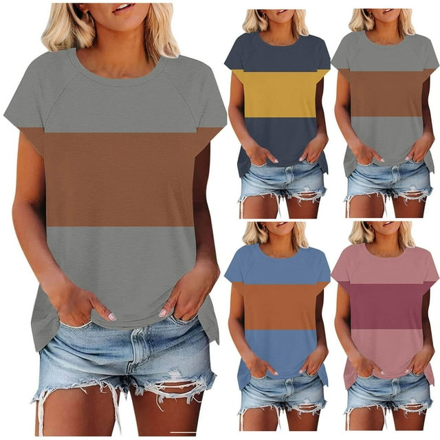 Top marrón,Blusa informal estampada para mujer, manga corta, cuello redondo, poliéster, cómoda y ligera para uso diario, sopatenor
