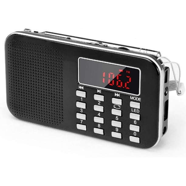 Mini radio portátil AM/FM de bolsillo con linterna LED, altavoz digital, compatible con tarjeta Micro SD/TF/USB, escaneo automático y guardado, funciona con batería recargable de 1200 mAh.
