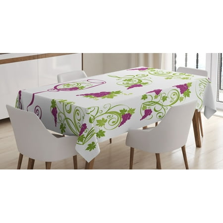 Wine Tablecloth, Wine Bottle and Glass Grapevines Lettering with Swirled Branches Lines, Rectangular Table Cover for Dining Room Kitchen, 60 X 90 Inches, Purple Lime Green White, by