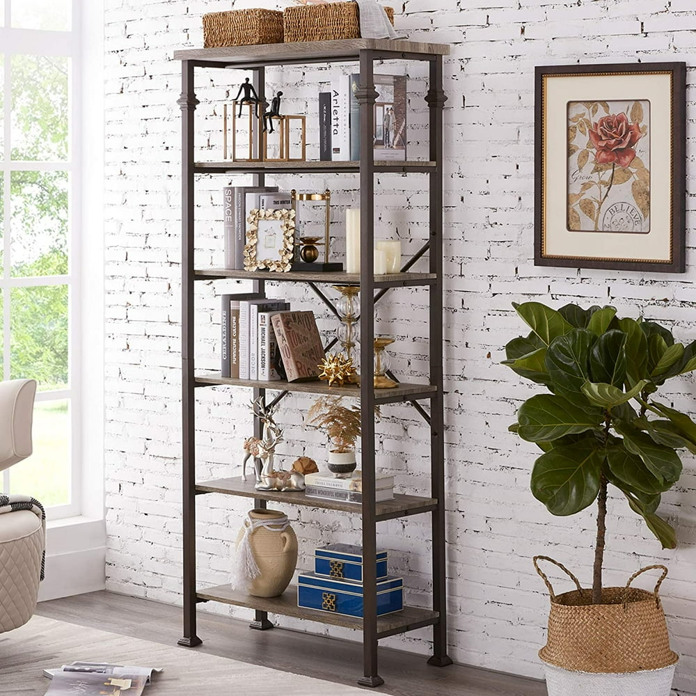 6Tier Tall Bookshelf, Vintage Industrial Metal Bookcase Display Rack and Storage Organizer for