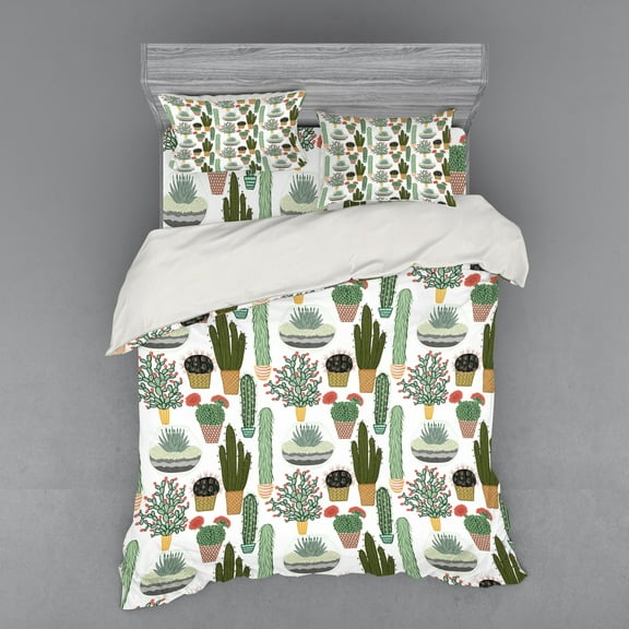 Cactus Duvet Cover Set, Pattern with Succulent Plants and Cactuses in Pots Botanical Floral Mexican Garden, Bedding Set with Shams and Fitted Sheet, 3 Sizes, by Ambesonne