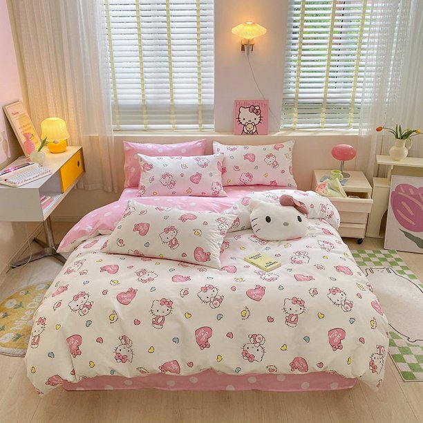 Juego de sábanas de 4 piezas con estampado de algodón de la serie HelloKitty, sábanas auténticas de dibujos animados