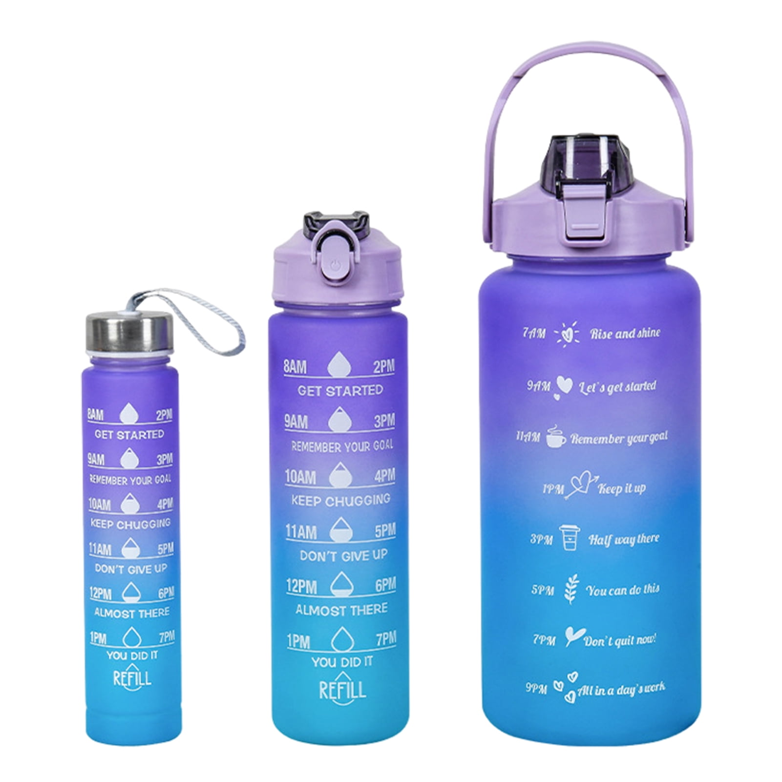 OIUR 3Pcs Silicone Straw Water Bottles Leakproof BPA Free Gradient Design 9/25/64oz Reusable Water Bottle with Time Markers for Gym Hiking