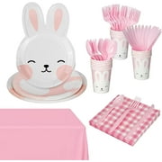Sangdo Easter Party Supplies 117pcs Disposable Paper Plates Napkins for Easter, Spring, Birthday Party, Pink Easter Bunny Dinnerware Set, Serve 16