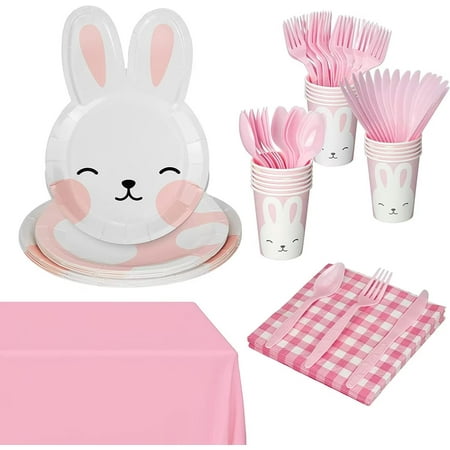 Sangdo Easter Party Supplies 117pcs Disposable Paper Plates Napkins for Easter, Spring, Birthday Party, Pink Easter Bunny Dinnerware Set, Serve 16