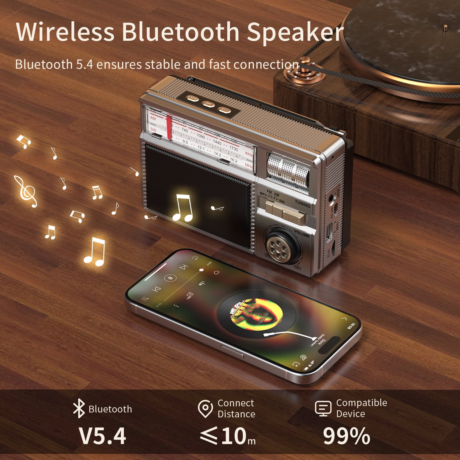 Portable AM FM SW Radio with Reception, Rechargeable & Solar Power, Big Speaker, Large Tuning Knob,Bluetooth, Earphone Jack for Gift, Elder, Home