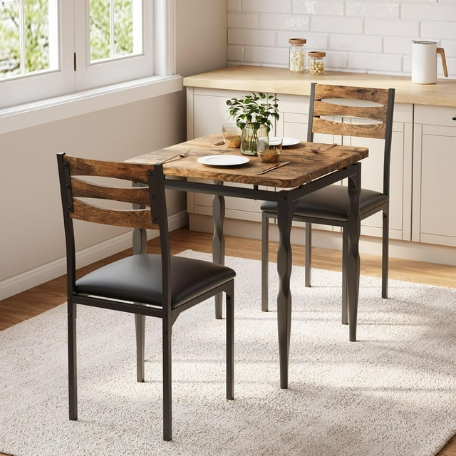 3 Pcs Dining Table Set for 2 Compact Kitchen Table and Chairs Set with Spiral Metal Legs Space-Saving Furniture for Apartment and Small Spaces Brown