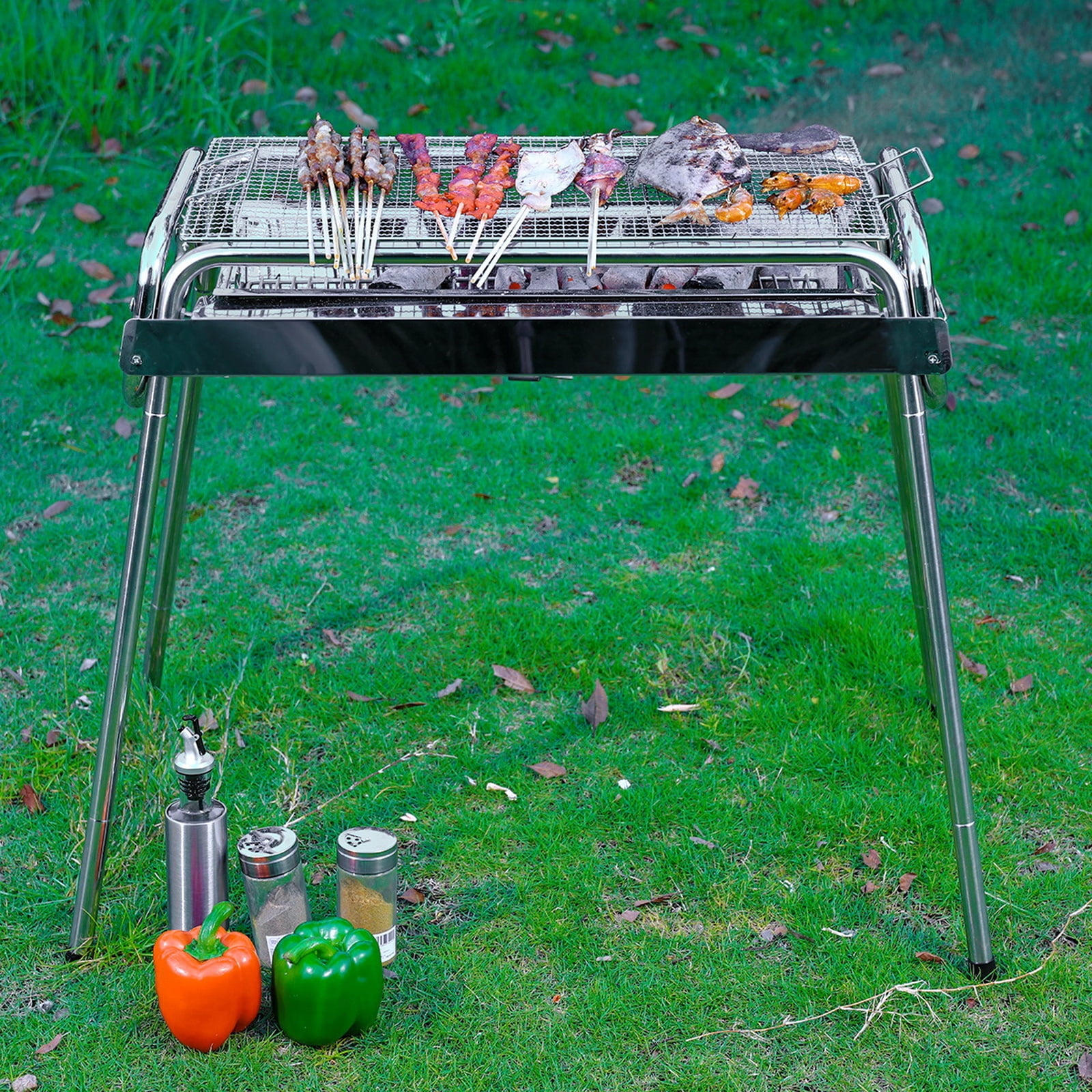 Uten 27" Portable Foldable Charcoal Grill, Stainless Steel BBQ Grill for Outdoor, Patio, Backyard, Camping, Silver