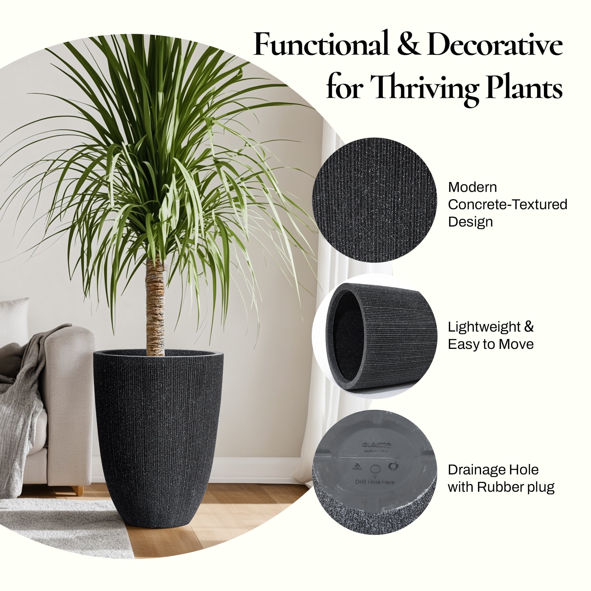 LuxenHome 19.21"H Tall Planters, Set of 2 Black Large Indoor Outdoor Plant Pots Plastic Flower Pots