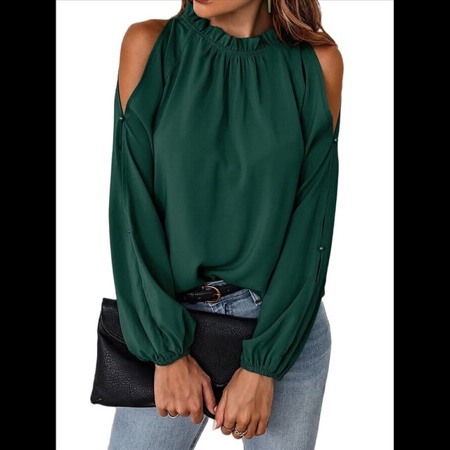 Blusas Elegantes e Informales para Mujer, con Hombros Descubiertos, Cuello con Volantes, Camisas de Moda de Otoño para el Trabajo Verde Oscuro XL