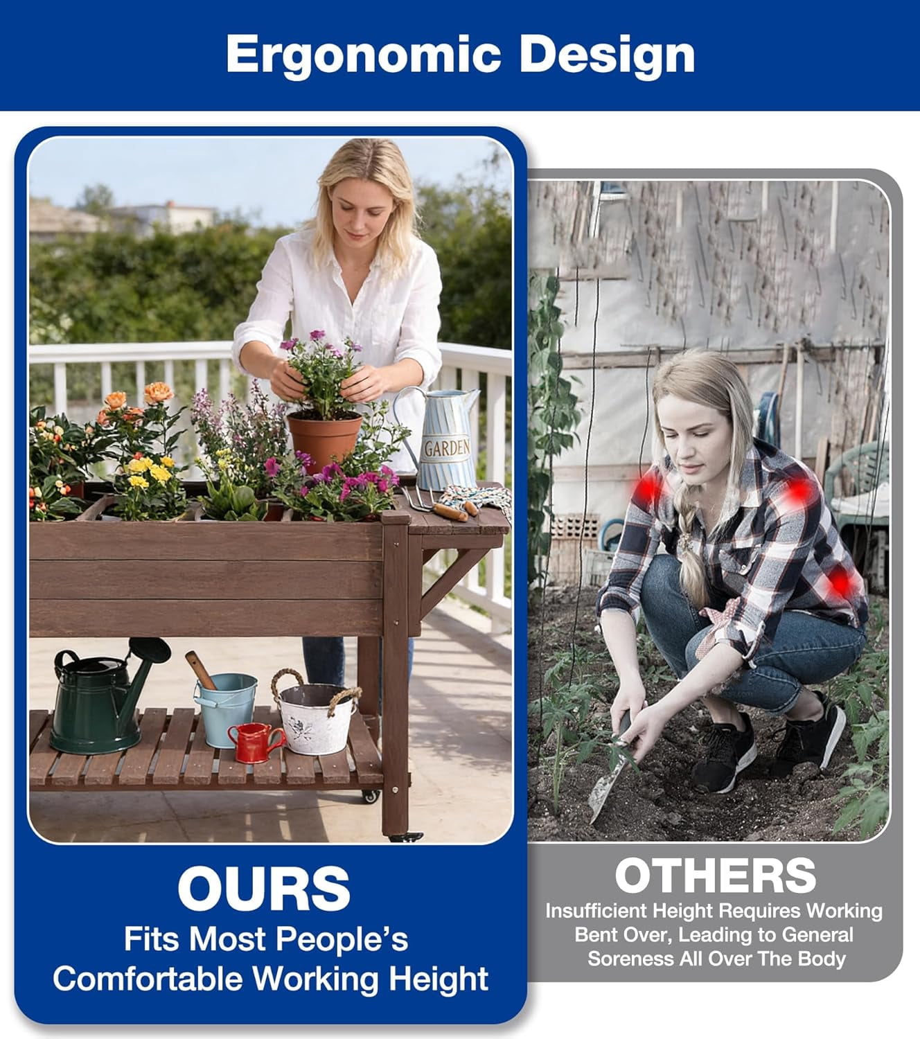 MEDEHOO Raised Garden Bed Outdoor with Wheels, 52.7" Elevated Wooden Garden Bed with 8 Planter Boxes, Removable Dividers, Storage Shelf, Standing Mobile Planter with Non-Woven Liner