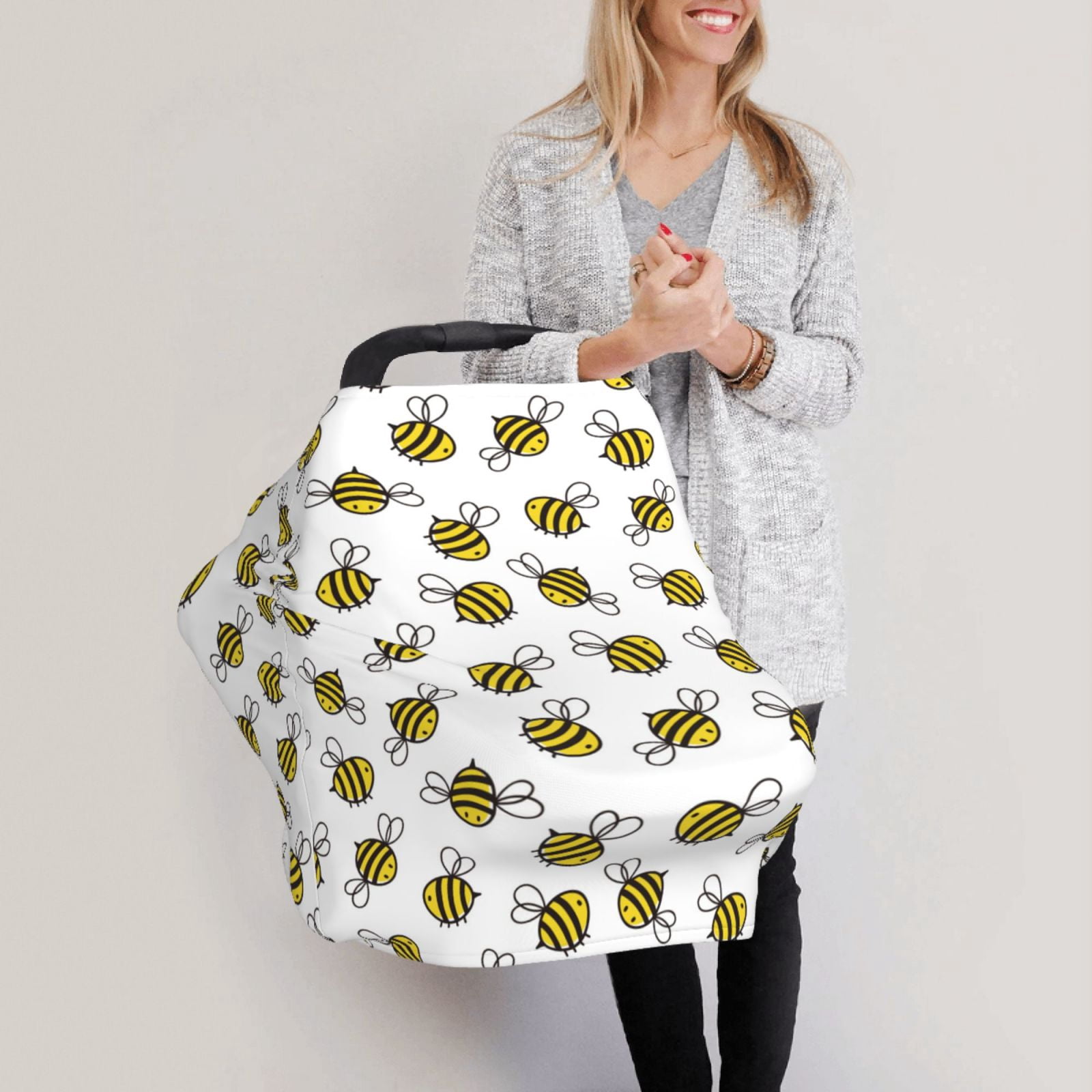 Fotbe Cute Little Bee Pattern Car Seat Covers for Babies, Nursing Breastfeeding Cover Infant Carseat Canopy, Soft Stretchy Carrier Cover