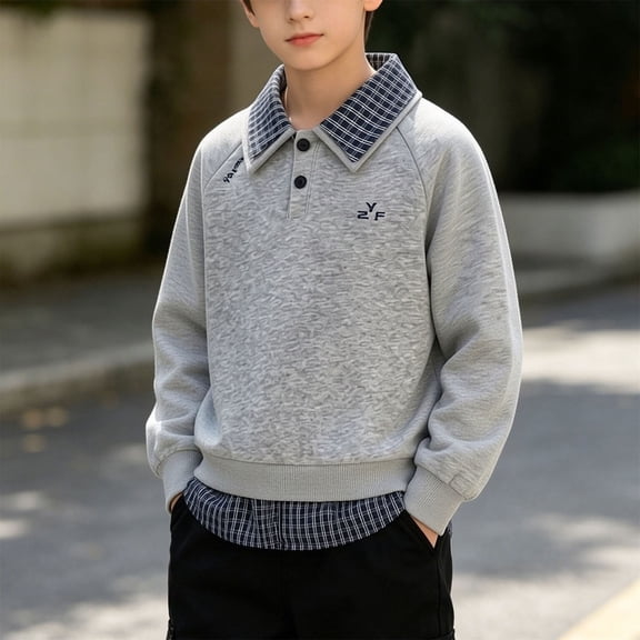 SELONE Collared Shirt Boys Long Sleeve Button Pullover Tops Patchwork Plaid Sweatshirts Fall Campus Clothes 2-12Y