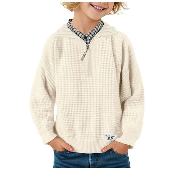 Kogui School Sweaters for Boys Boys' Long Sleeve Quarter Zip Pullover Sweater Size 8-9 Years (Beige,8-9 Years)
