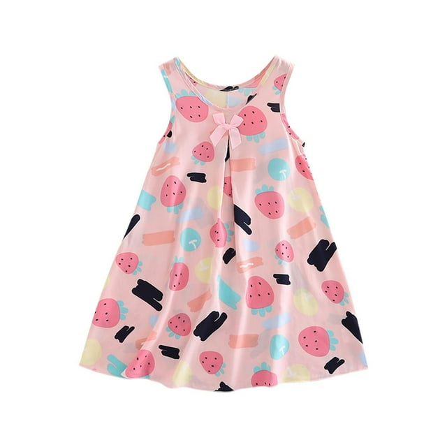 Chemises de Nuit pour Fille 1-14 Ans Chemises de Sommeil en Coton Vêtements de Nuit Été Sans Manches Col Rond Imprimé Nœud Ample et Confortable Robe de Climatisation Rose D