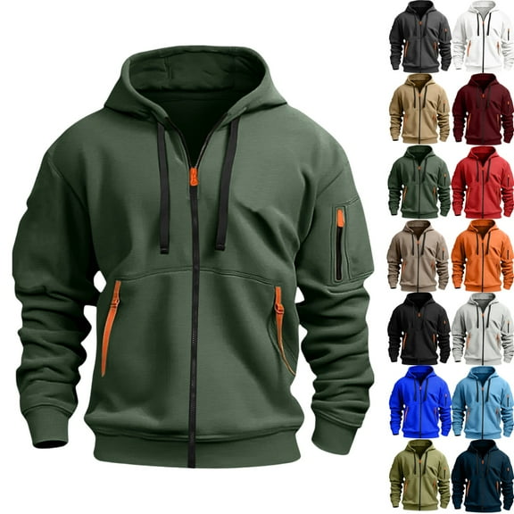 LNZGNM Men's Zip Up Hoodie Military Tactical Hoodies Big and Tall Fall Hoodie Casual Lightweight Hooded Sweatshirt Men Workout Hoodies with Pockets, Dark Green L