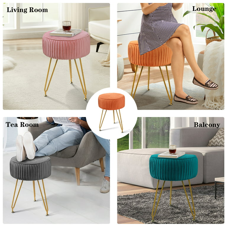 Storage Ottoman Foot Rest, Upholstered Pleated Round Footrest