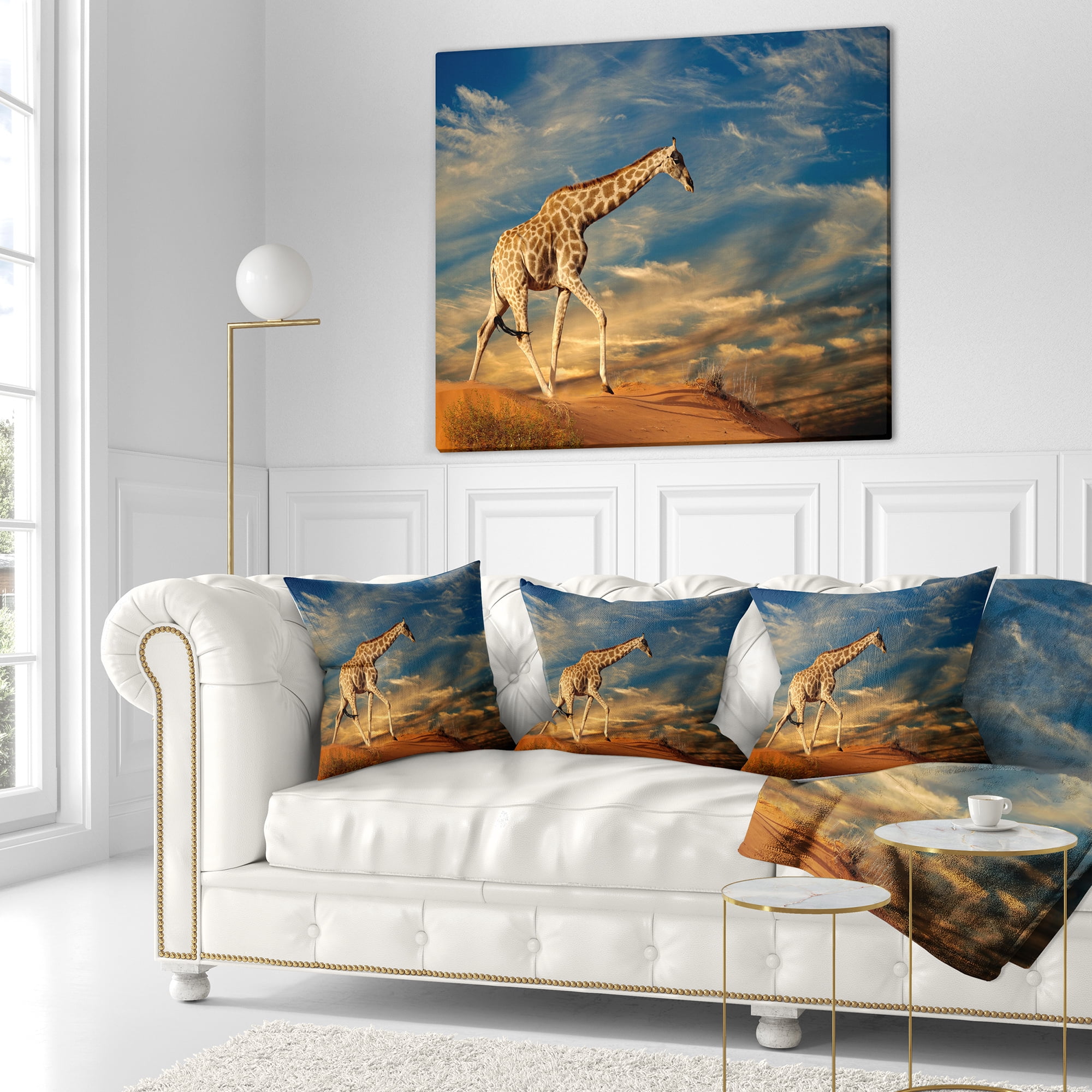 Designart Giraffe on Sand Dune - Animal Throw Pillow - 16x16