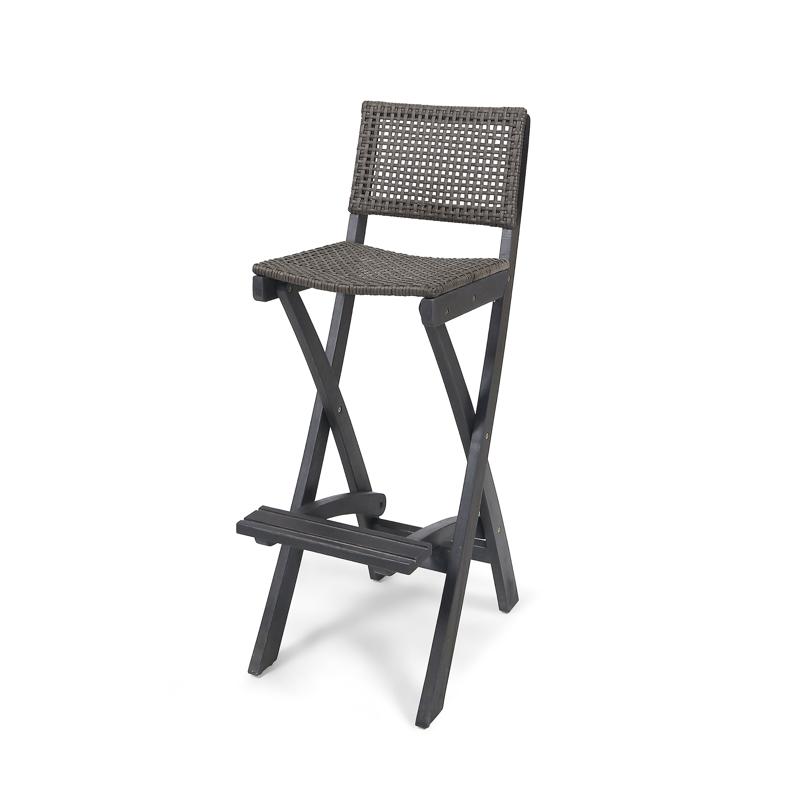 Outdoor Folding Bar Stool Set of 2 41.75 Inch, Acacia Wood Frame with PE Rattan Backrest, Dark Gray