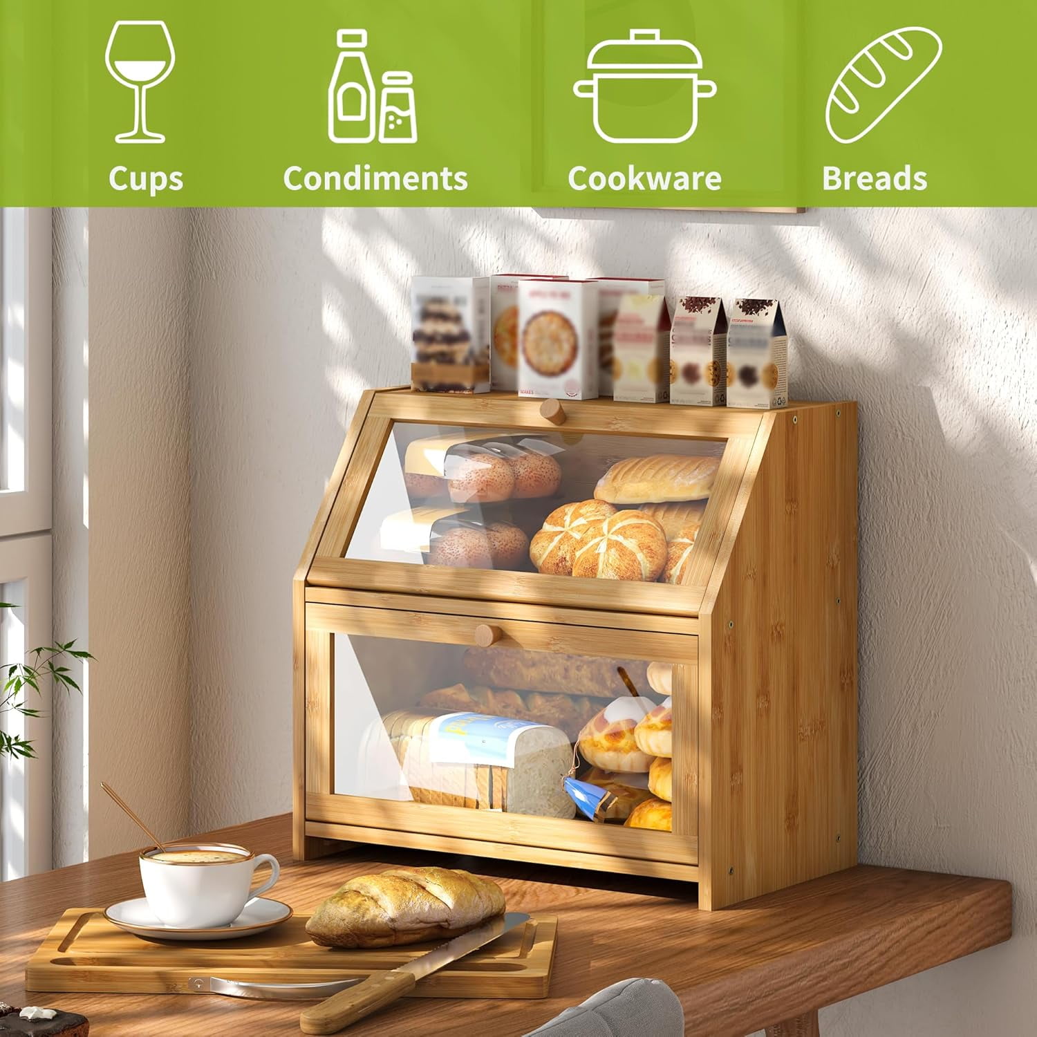 Bread Box with Cutting Board Kitchen Bread Storage Organizer Farmhouse Countertop Double Bamboo Wood Bread Box(Natural)