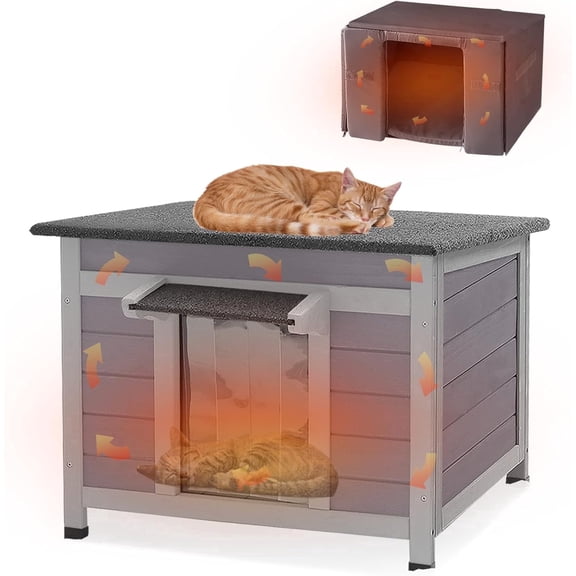 MEDEHOO 24" Heated Outdoor Cat House, Insulated Feral Cat Shelter for Extreme Cold Winter with Safe Electric Heat Mat & 6-Side Thermal Liner, Light Brown