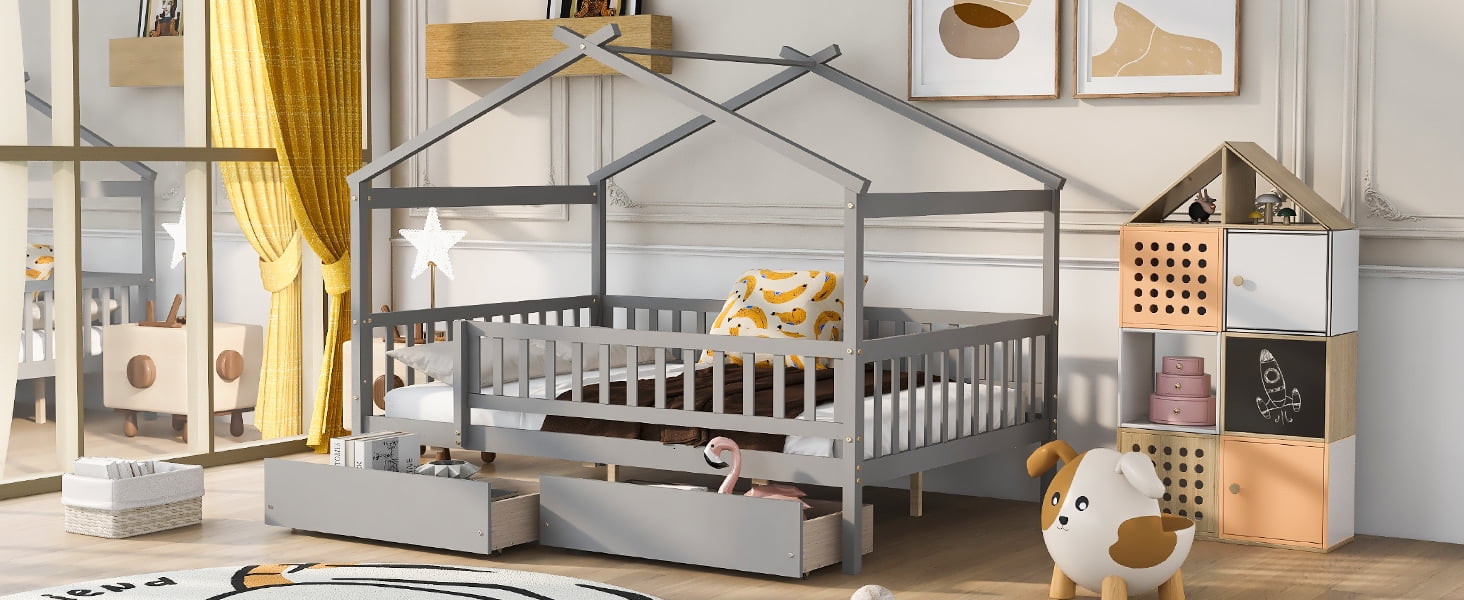 Bellemave Full Size House Bed with Storage Drawers Playhouse Platform Bed Wooden House-shaped Bed Frame with Fence Guardrail and Roof (Full size, Gray)