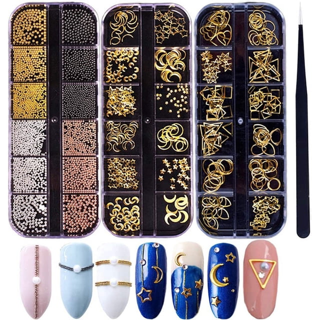 Arte de uñas 3D Dijes de metal Tachuelas Joyas Calcomanías Accesorios de decoración Más de 800 piezas de cuentas de microcaviar de uñas doradas Suministros de diseño de remaches de estrella y luna