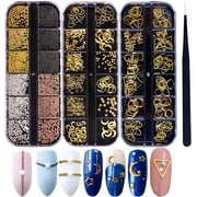 Namotu 3D Nails Art Metal Charms Studs Jewels Decals Decorations Accessories 800+Pieces Gold Nail Micro Caviar Beads Star Moon Rivet Design Supplies with Tweezers
