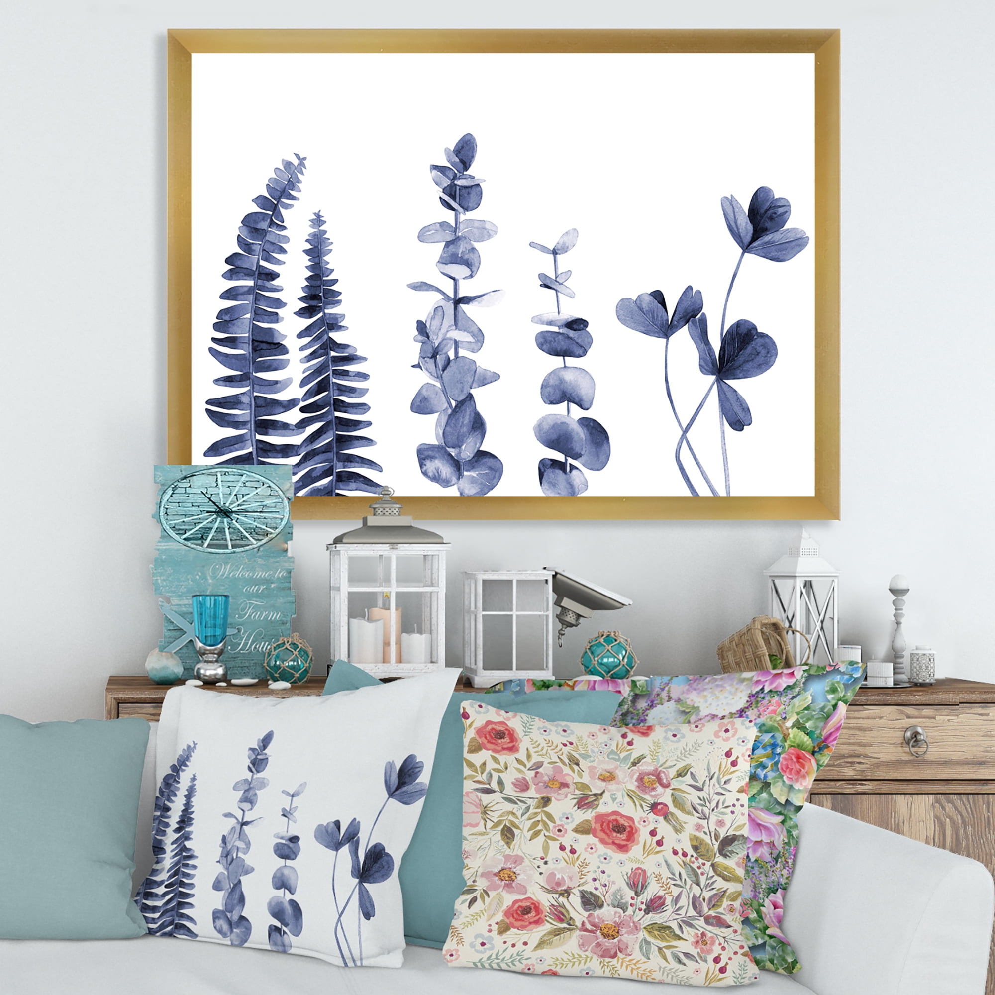 Designart 'Navy Blue Eucalyptus On White I' Traditional Framed Art Print