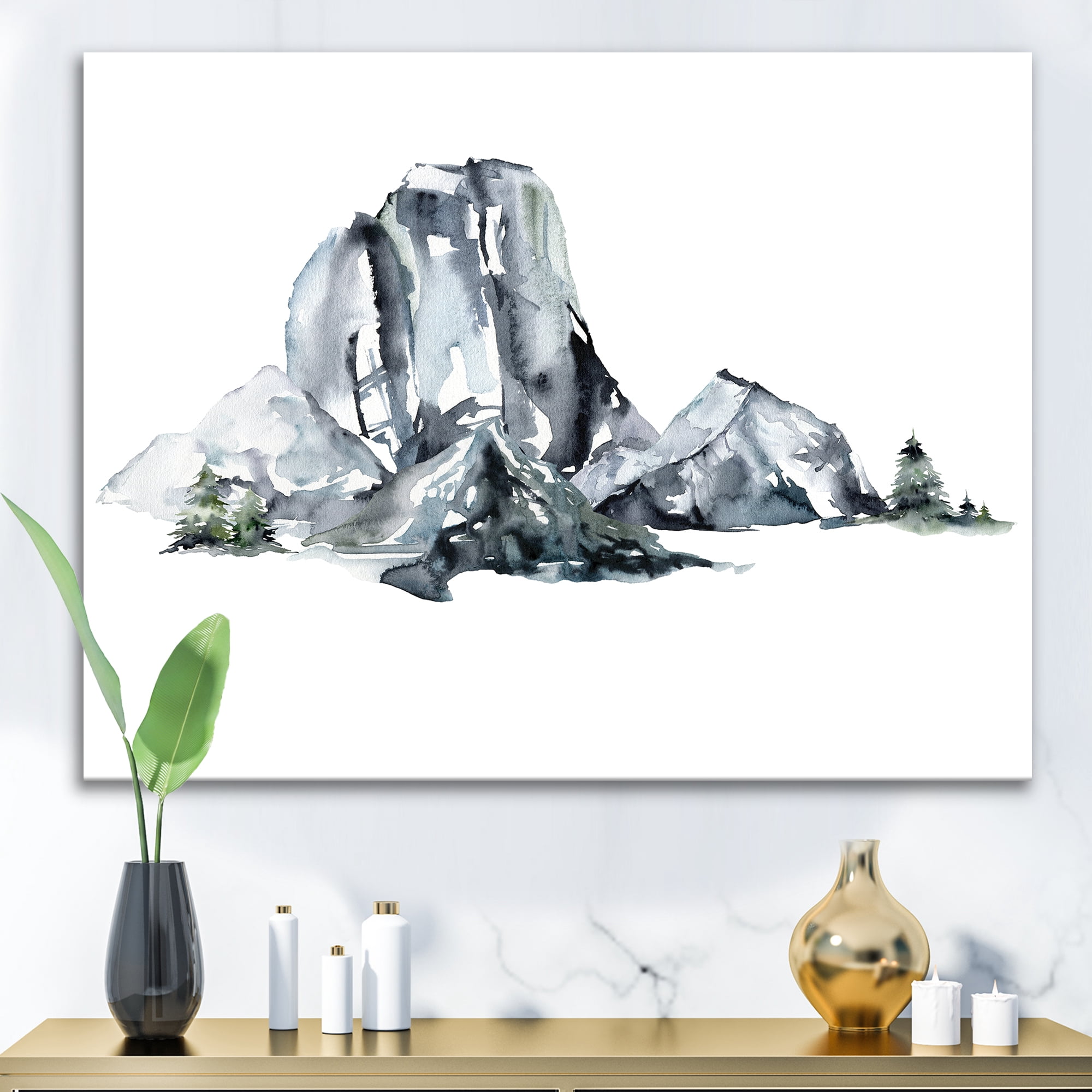 Minimalistic Landscape of Forest and Mountains 12 in x 8 in Painting Canvas Art Print, by Designart