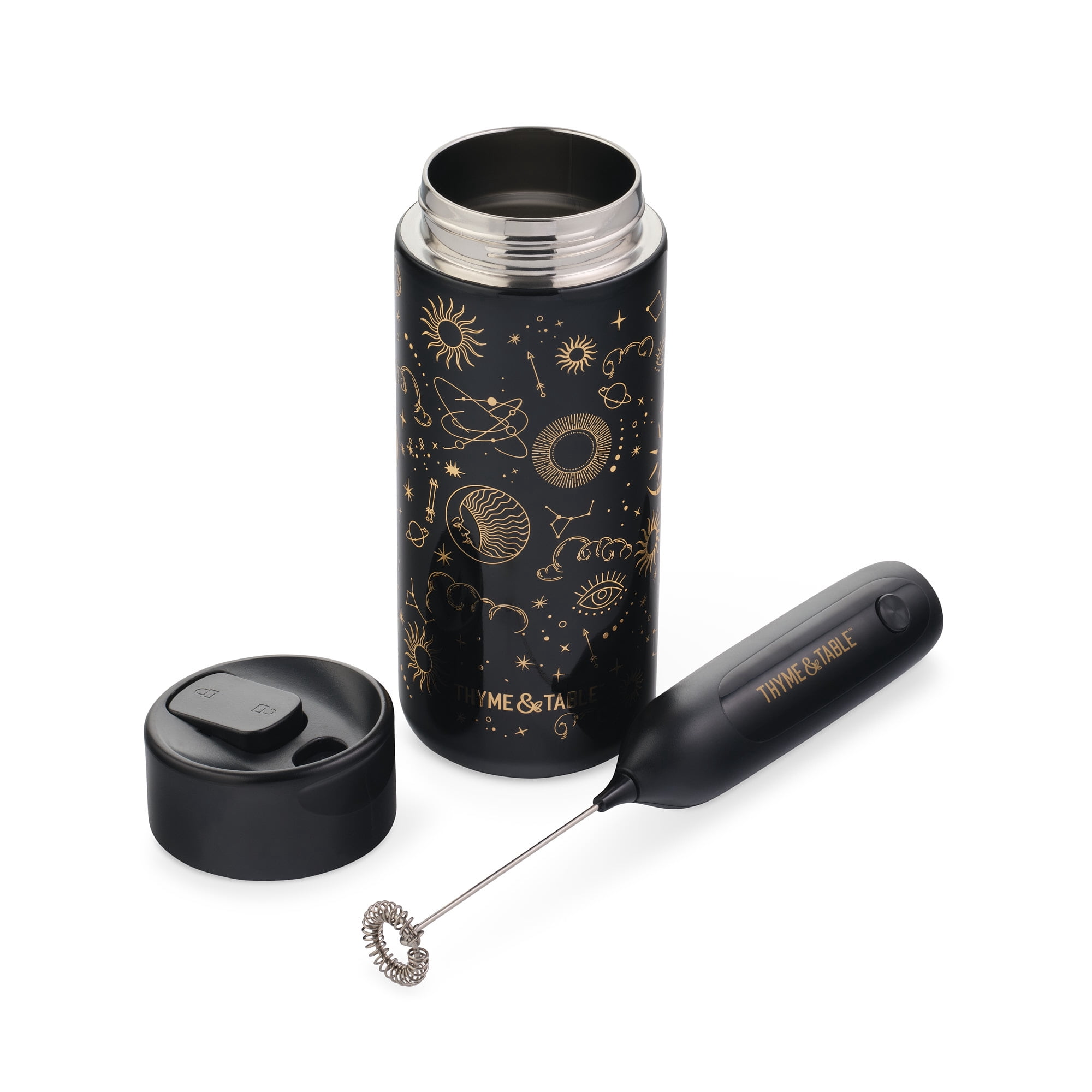 Thyme & Table 22 fl oz Stainless Steel Coffee Tumbler with Frother, Black Zodiac