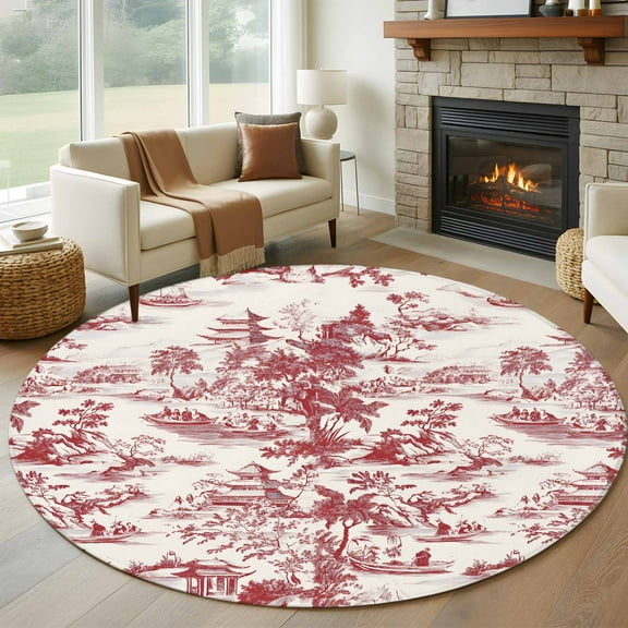 Red Garden Retro Round Rug 5ft Washable Circle Kitchen Rugs Non Slip Modern Art Building Tree Boat Large Area Rug Indoor Floor Carpet for Bedroom Living Room Home Office Dining Room Nursery