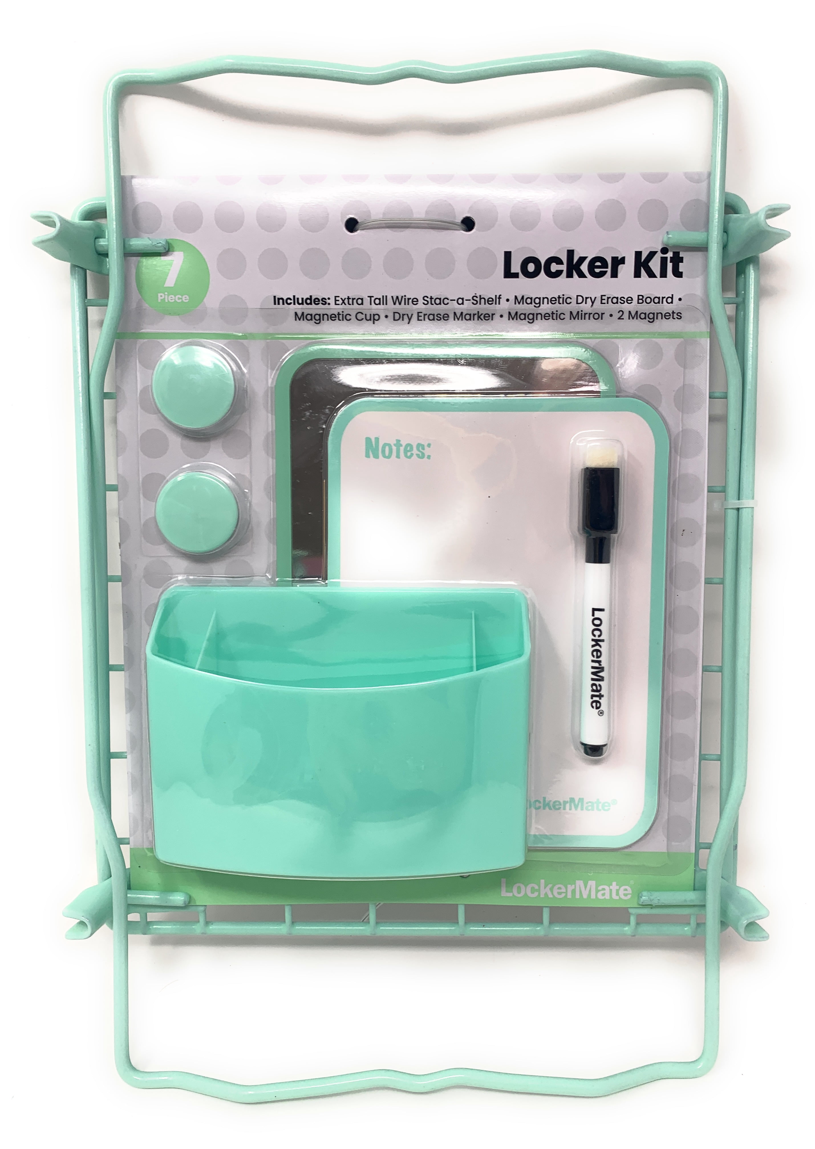 LockerMate 7 Piece Tall Wire Locker Kit with Magnets, Mirror, Dry Erase Board, Storage Cup, Dry Erase Marker School Supplies, Mint Green