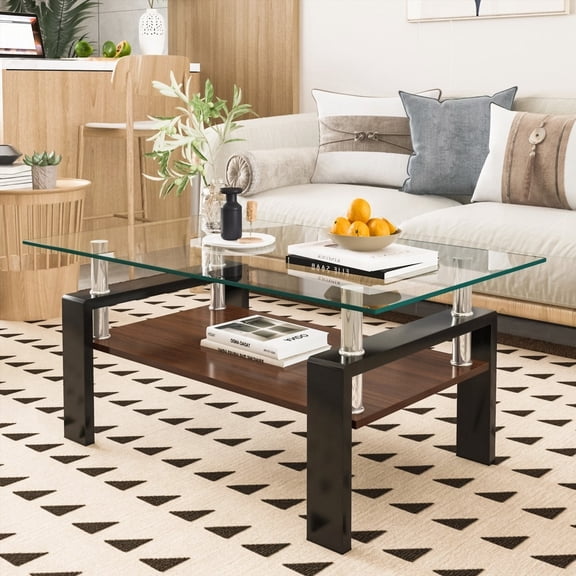 Rectangle Coffee Table with Tempered Glass Top and MDF Layer, Modern Living Room Table, Load-bearing 220lbs