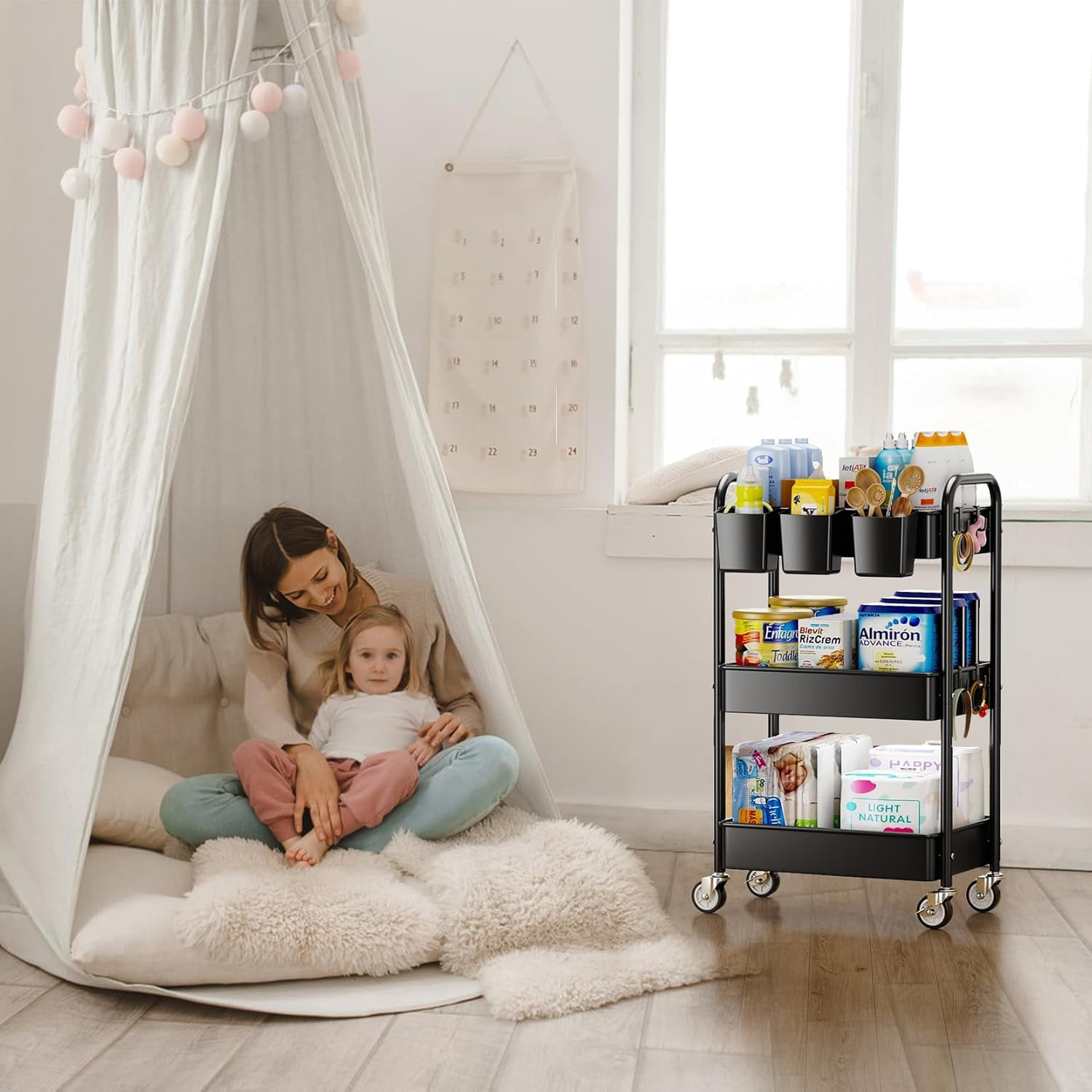 3-Tier Rolling Utility Cart with Wheels, Hanging Cups, Hooks, Heavy Duty Mesh Storage Organizer for Kitchen and Office, Lightweight Sturdy Craft Cart