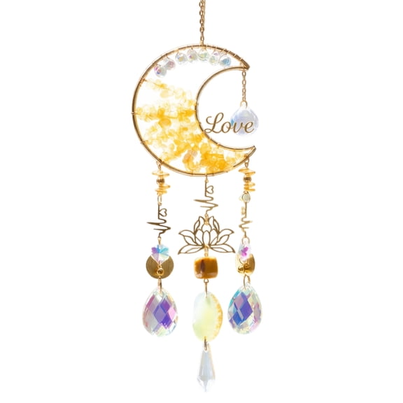 Moon Crystal Suncatcher Hanging Wind Chime with Faceted Clear Glass Prisms and Rust Resistant Metal for Window Home Decor Garden Balcony Entryway Ornament Gift Ideas