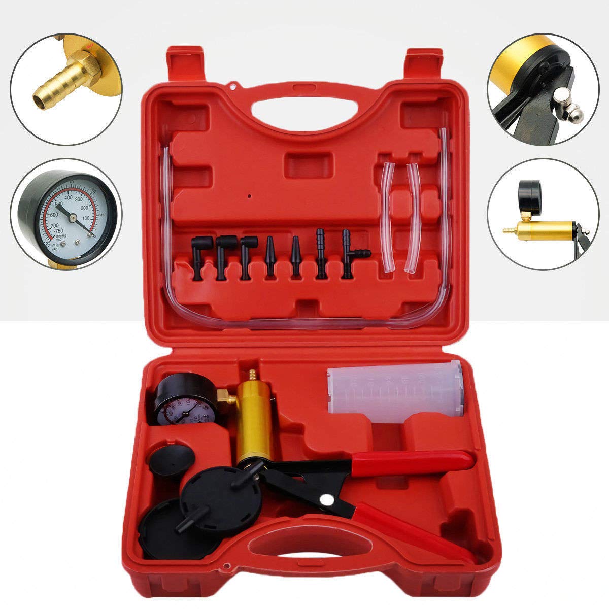 Zerone Hand Vacuum Pump,Hand Held Brake Bleeder Tester Set Bleed Vacuum Pump Kit Tools Hand Held Vacuum Gauge for Automotive Zerone Hand Vacuum Pump,Hand Held Brake Bleeder Tester Set Bleed Vacuum Pump Kit Tools Hand Held Vacuum Gauge for Automotive