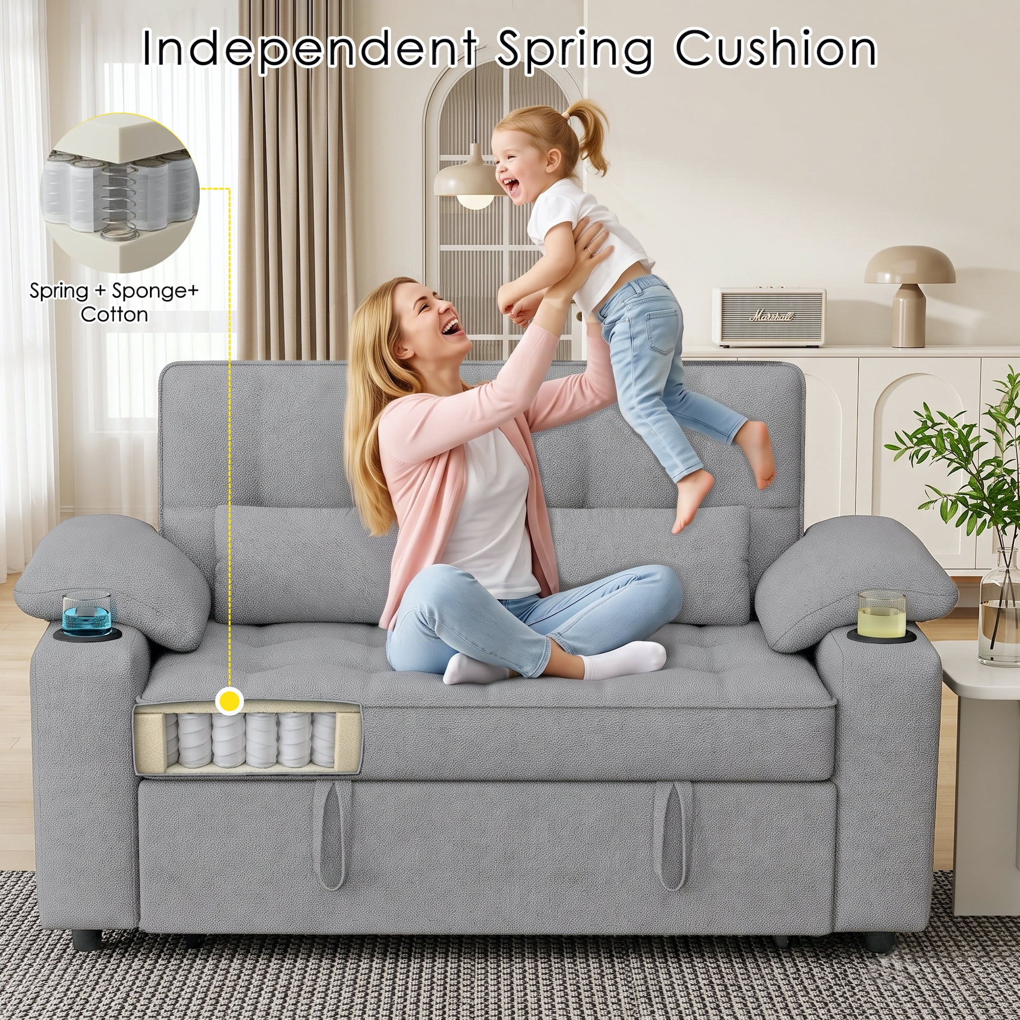 58" Sleeper Sofa Bed, Full Size Pull Out Couch, Towel Fabric Convertible Loveseat with USB Charging, Cup Holders, Adjustable Backrest & Side Pockets for Living Room, Apartment, Office (Light Gray)