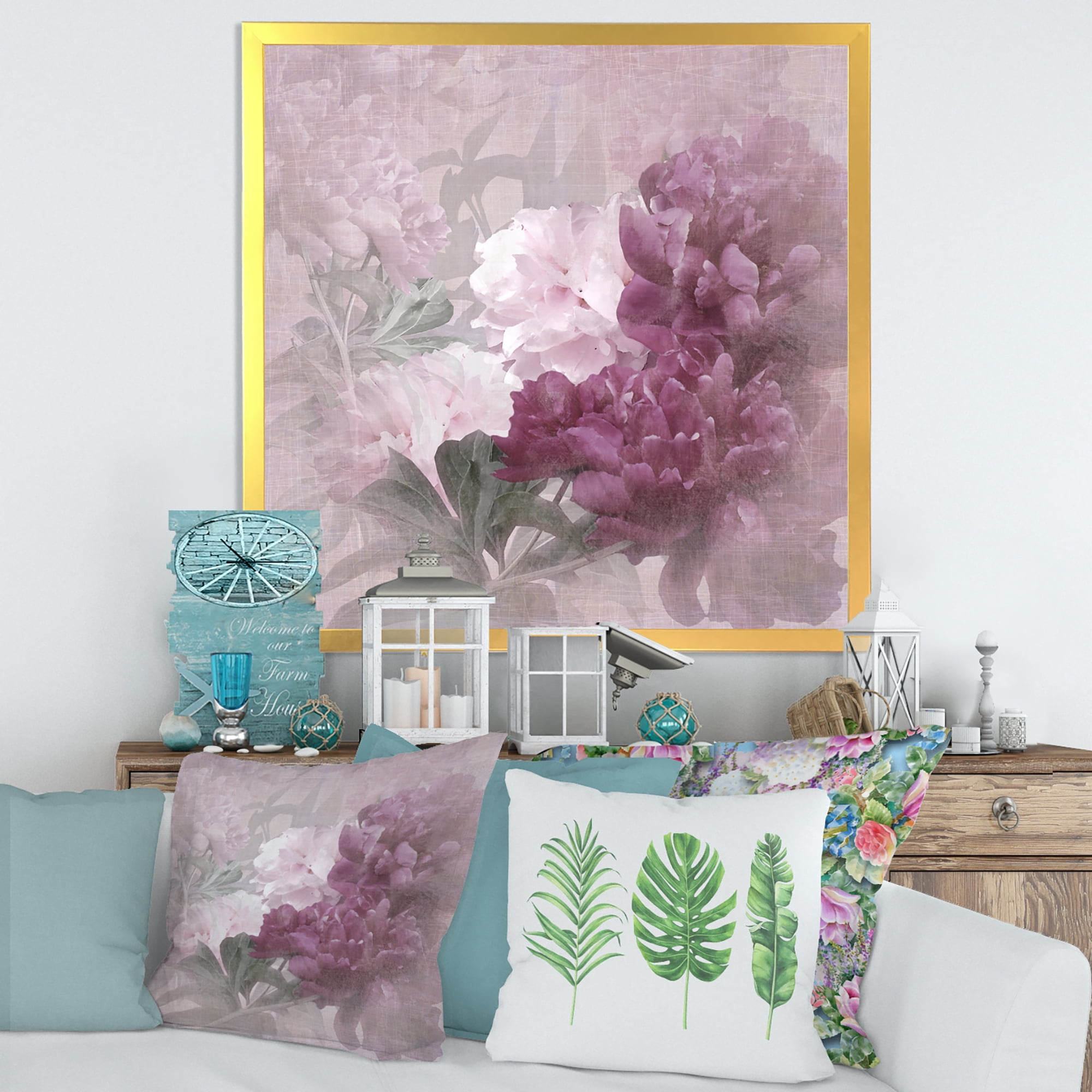 Designart 'Ancient Pink and Purple Flowers II' Traditional Framed Art Print