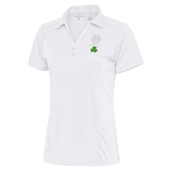Women's Antigua White Boston Celtics Shamrock Tribute Polo